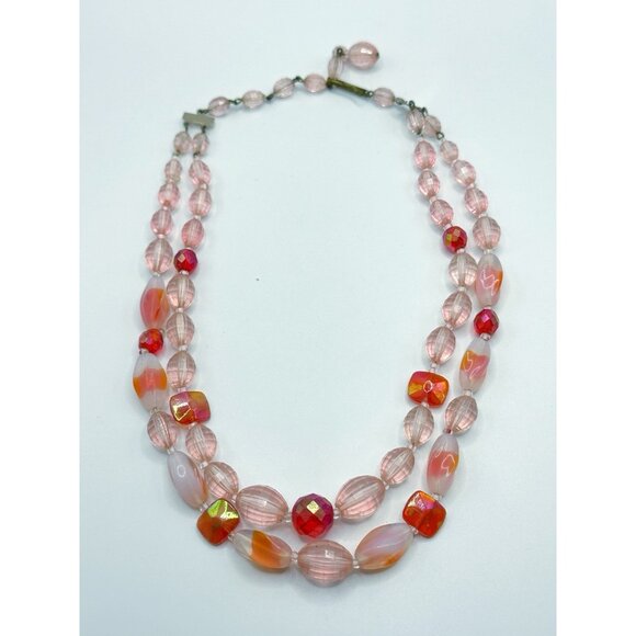 West Germany Pink Red Beaded Glass & Faceted Plastic Double Strand Necklace - Picture 1 of 5